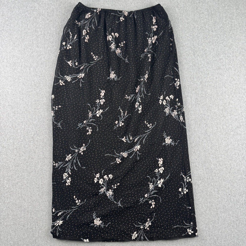 Impressions Skirt Womens Large Black Floral Maxi Mesh Overlay Elastic Waist
